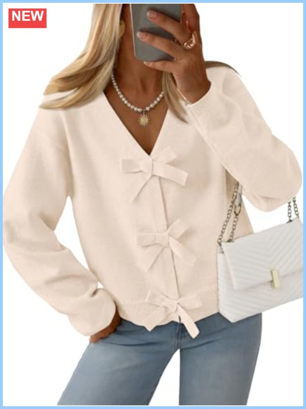 Cropped Tie Front Bow V Neck Cardigan Sweater Lightweight Poly Blend